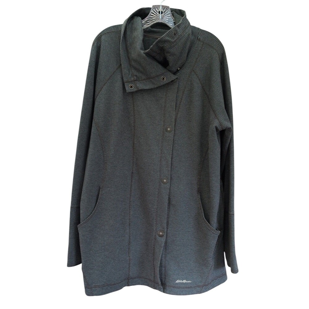 Eddie Bauer Women's 2XL Gray Blue Striped Snap Front Cowl Neck Cardigan Jacket